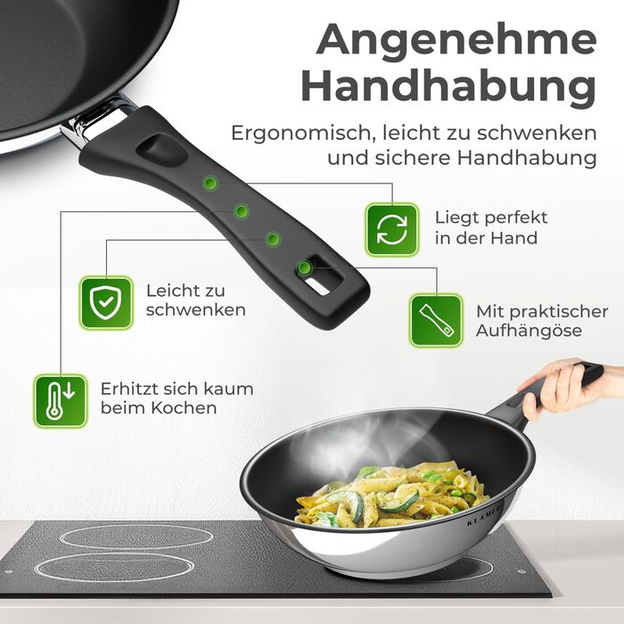 KLAMER Wok з нержавіючої сталі з антипригарним покриттям, професійний, для індукційних плит, з високим бортиком, сумісний з духовкою та посудомийною машиною