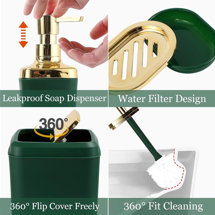 Набір аксесуарів для ванної кімнати з чорним мармуровим візерунком: сміттєве відро, тумбочка, дозатор мила, мильниця, тримач для зубних щіток, стаканчик для зубних щіток, щітка для унітазу та тримач для ватних паличок