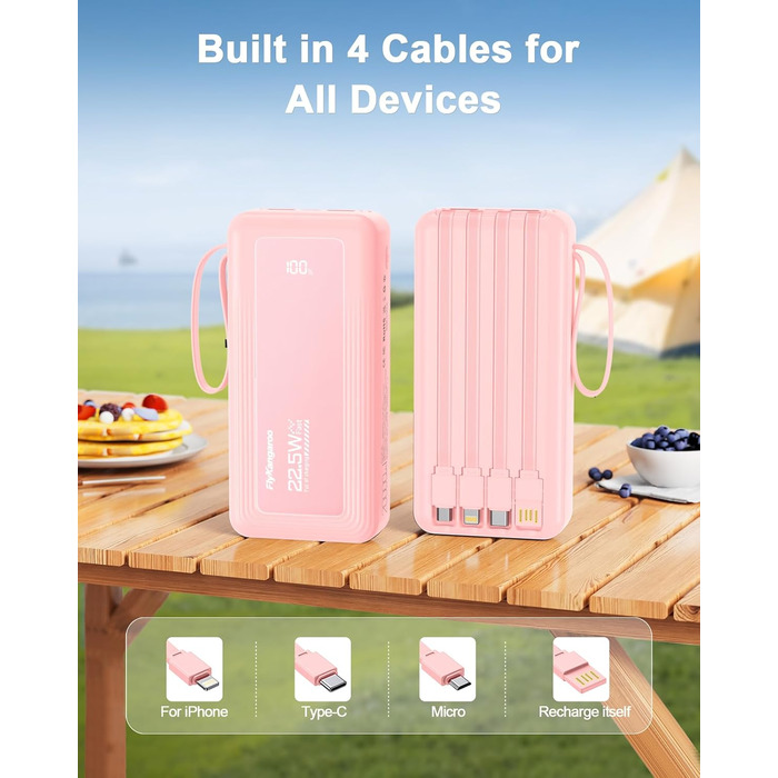 Портативний зарядний Power Bank 20000mAh з LED дисплеєм (2026 Upgrade), рожевий, 6 виходів, 2 входи, 22,5W