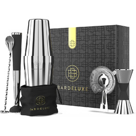 Набір бармена Boston Deluxe® 5 предметів: шейкер, аксесуари, рецепти - 750 мл, нержавіюча сталь, подарунковий