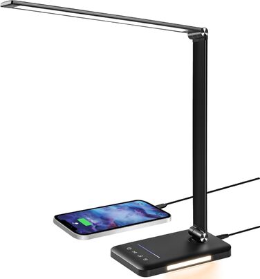 LED лампа настільна диммирувана - 560LM, офісна лампа з 5 режимами кольору та 10 рівнями яскравості, нічник, USB-порт, функція пам'яті та таймер, 10W - Біла (Чорна)