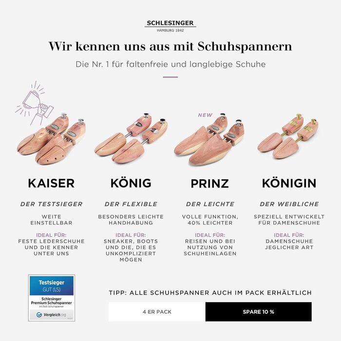 Schlesinger – Premium women's shoe trees made from fine cedarwood for optimal shoe care. Queen model. Size 36 – 41 in silver or gold.