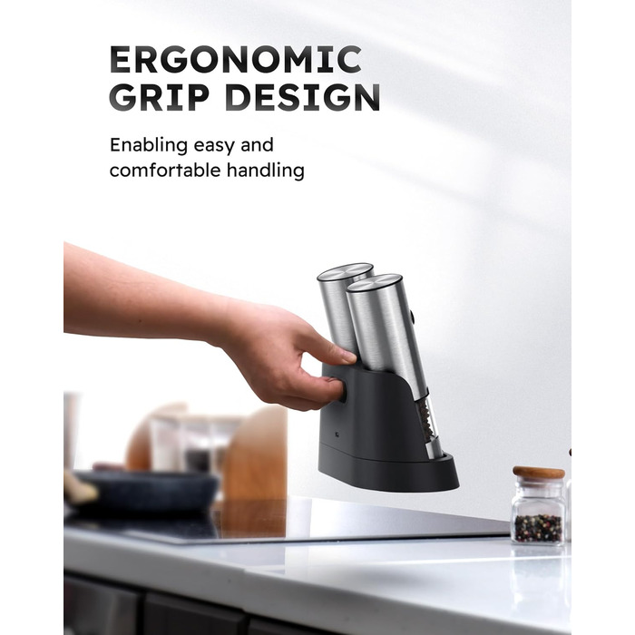 Електрична мельниця для солі та перцю FORLIM, USB-зарядка, з LED-підсвіткою, регульована ступінь помолу, 7 рівнів, 2 шт. (чорний+білий)