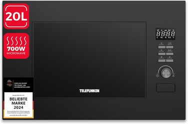 Вбудована мікрохвильова піч Telefunken з грилем, 20 л, чорна, 8 автоменю, 800 Вт, 5 рівнів потужності