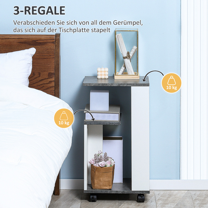 HOMCOM Bedside Table with 4 Wheels, 3 Shelves, 35 x 29.5 x 65.5 cm, Gray/White