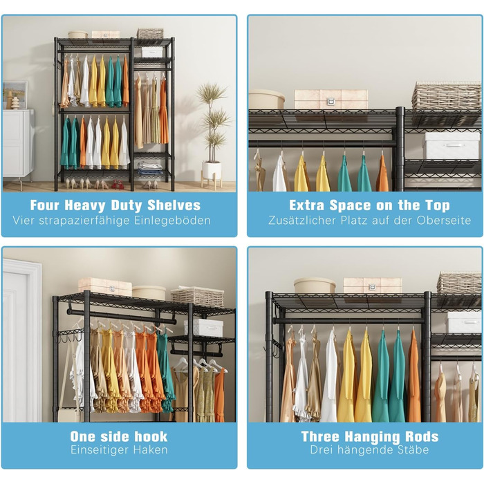 KZOBYD Clothes Rack, Freestanding Clothes Rod with Shelf Metal Wardrobe with Hanging Rods Black Open Clothes Closet with 4 Adjustable Shelves for Coats, Dresses, Shoes
