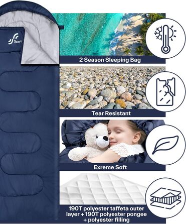 Сплячий мішок 3-4 сезони - ковдровий спальний мішок Легкий для кемпінгу, Outdoor. Ідеальний для дорослих та дітей 220x75см, темно-синій