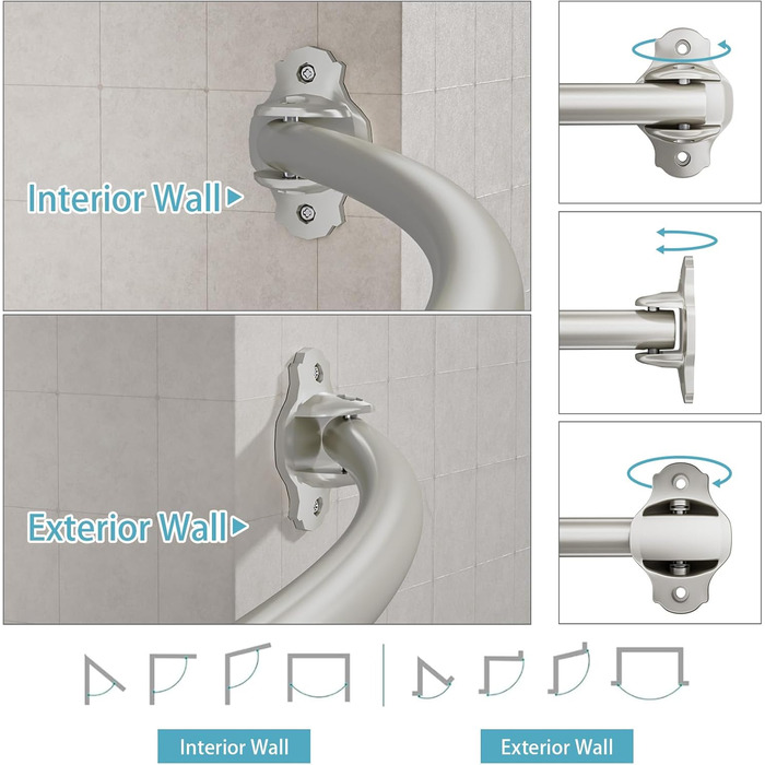 Вигнута регульована штанга для душової завіси, 101,6–182,9 см, нержавіюча сталь, розширювана, алюміній, кругла, міцна, для ванної/душової кімнати, монтаж з свердлінням, хром