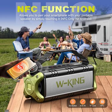 W-KING Портативна Bluetooth Колонка 90W з Глибоким Басом, 40 годин роботи, IPX6, Powerbank, TF-карта, NFC, AUX, Bluetooth 5.0, Зелена