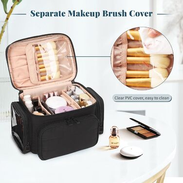 Косметичка для подорожей, велика, чорна: органайзер для макіяжу з відділенням для пензлів, дамська косметичка
