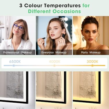 Дзеркало для ванної кімнати S'bagno з підсвічуванням 100x70 см, 5x збільшення, LED, рамка з алюмінію, протитуманне покриття, 3 кольори, диммування, функція пам'яті, HD скло, IP44, Bluetooth (чорна рамка)