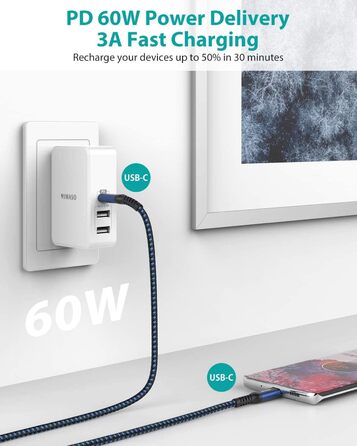 Кабель USB-C Nimaso [2 шт., 2м], 20V/3A/60W, для Samsung, Google Pixel, MacBook, iPad, iPhone, блакитний