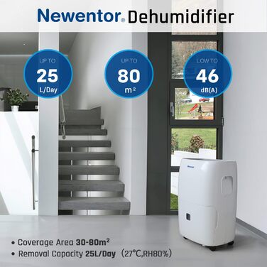 Електричний осушувач повітря Newentor 25 л/день - 270 Вт - для приміщень до 80 м² - 10 років гарантії - з шлангом 2 м, фільтром та таймером