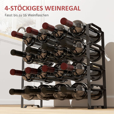 HOMCOM Wine Rack Bottle Rack for 16 Wine Bottles, Metal Bottle Holder Storage Shelf, Wine Bottle Rack for Kitchen, Dining Room Black | Aosom