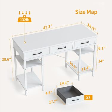 CubiCubi Desk with 3 Drawers & 4 Shelves - Home Office Computer Desk, Gaming Desk (120 x 50 cm)
