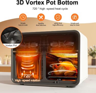 Runnatal Dual Zone Hot Air Fryer with Viewing Window, 8L Airfryer, 2100W, 2 Compartments, 14-in-1 Double Chamber Hot Air Fryer with Vegetarian and Meat Pots, 2 Chamber Airfryer, Non-Stick Coating