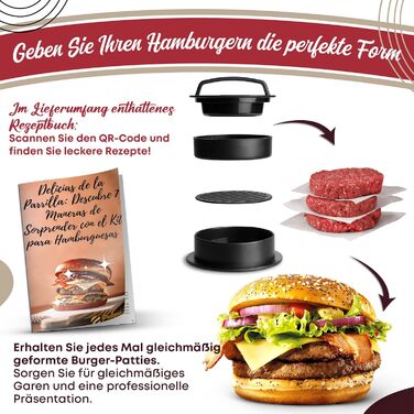 Набір для приготування Smash Burger: прес для бургерів, 2 форми для сиру, лопатка та шампури для гриля – ідеальний подарунок для чоловіків та любителів гриля (9 шт., чорний)