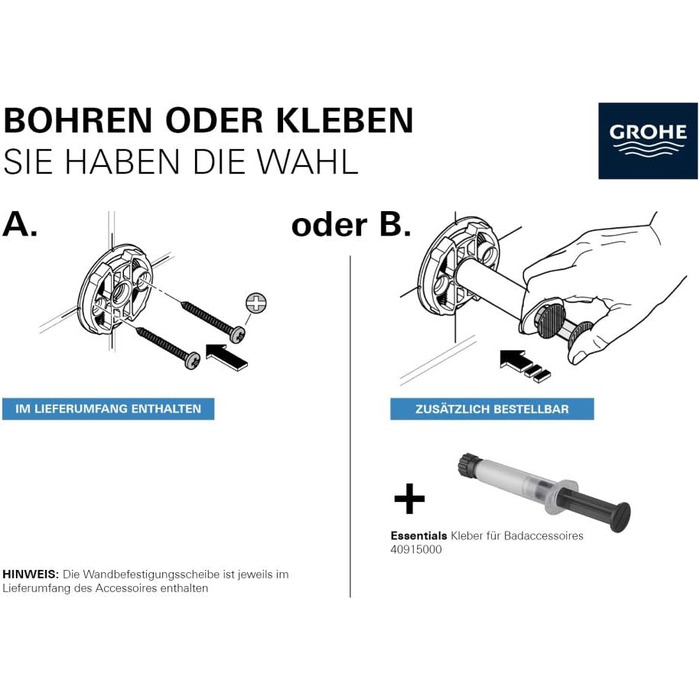 GROHE Essentials Soap Dispenser (with holder, concealed fixing, easy to clean, durable), chrome, 40448001, 15