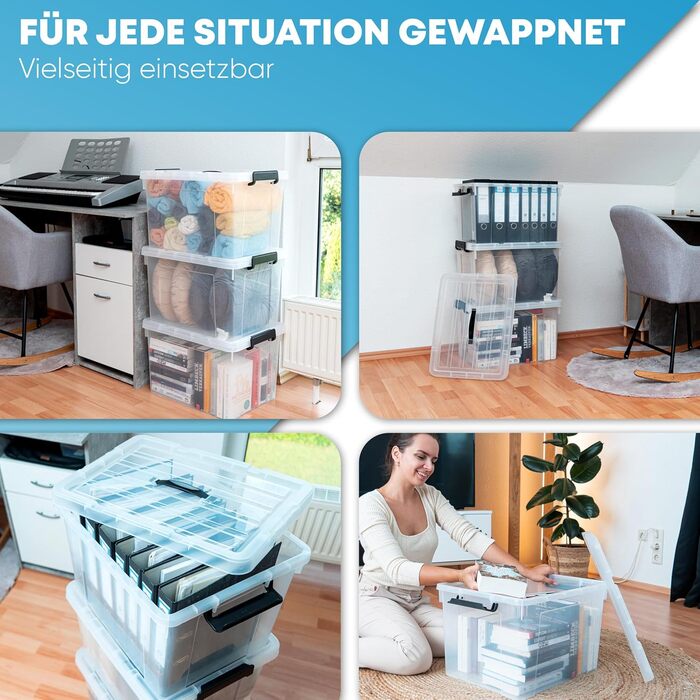 3-Piece Storage Boxes with Lid | BPA Free | With or Without Carrying Handle | Storage Containers with Reinforced Bottom Structure (With Carrying Handle - Transparent, 33L)