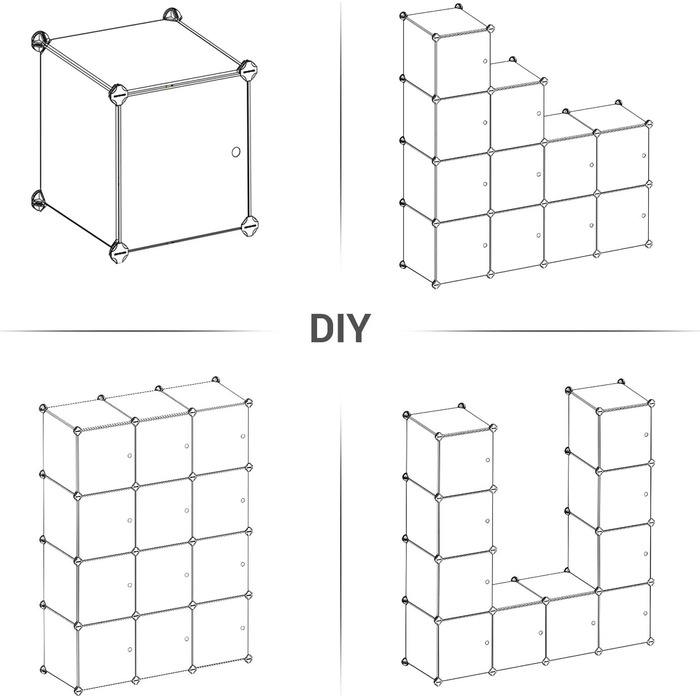 SONGMICS Regal System, Shoe Rack, Set of 16 Cubes, Plastic Closet Organizer with Doors, Plug-in Shelf, Storage for Clothes, Shoes, and Books, Easy Assembly, LPC443G01 (12 Cubes (93B x 123H cm), White)