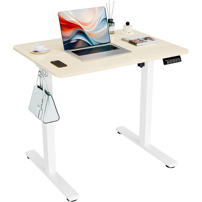 Ergonomaker Electric Standing Desk 80x60cm - Compact Adjustable Height Desk with 2-Section Tabletop, Home Office Desk (White Frame + Oak Tabletop)