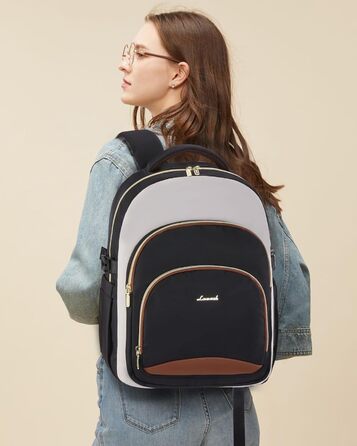 LOVEVOOK Рюкзак для жінок, 15.6 дюймів, водонепроникний, для школи, підлітка, елегантний, для роботи, навчання, подорожей, універсальний, чорно-бежево-коричневий