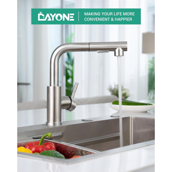 Кухонний змішувач Dayone з висувною лійкою, нержавіюча сталь SUS304, високий тиск, 2 функції, поворотна лійка 360°, L-подібна форма, G6808bn