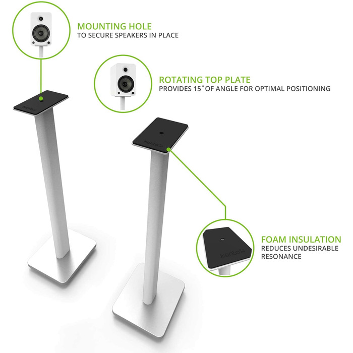 Підлогові стійки для колонок Kanto SP26PLW (пара) - 26 дюймів, білий | Для полицевих колонок середнього та великого розміру | Сталь, пінопакет, поворотна пластина 30°