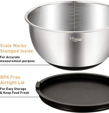 Mixing Bowls 5-Piece Set, Wildone Stainless Steel with Airtight Lids, 3 Grater Attachments, Measuring Markings, and Non-Slip Bottoms, Sizes 5, 3, 2, 1.5, 0.63 QT, ideal for mixing and serving