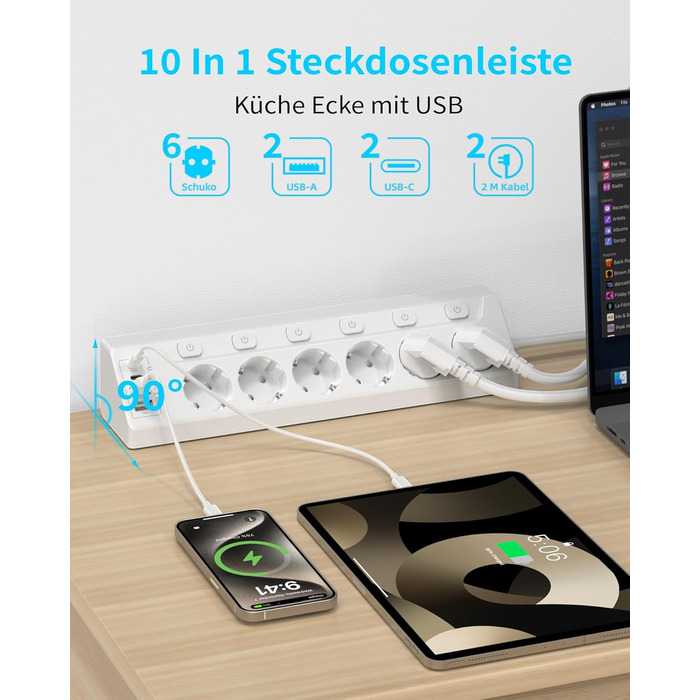 Розподільник розеток з захистом від перенапруги, 6 розеток, USB-C, 2м кабель, 4000W, 16A, для кухні, дому, офісу (білий)