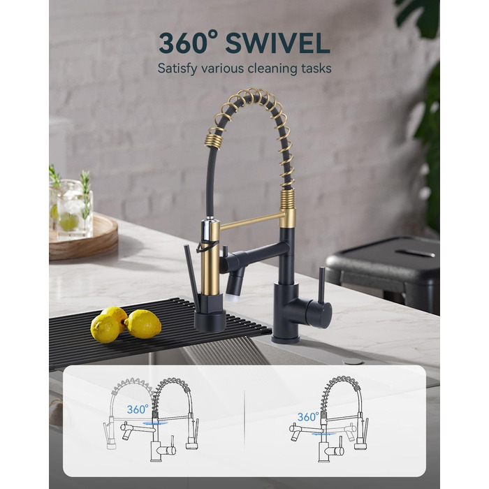 Кран кухонний LED Warmiehomy професійний, 360° поворотний, з двома виливами, високий вигин, спіральна пружина, для мийки, брашований нікель (чорний та золотий)