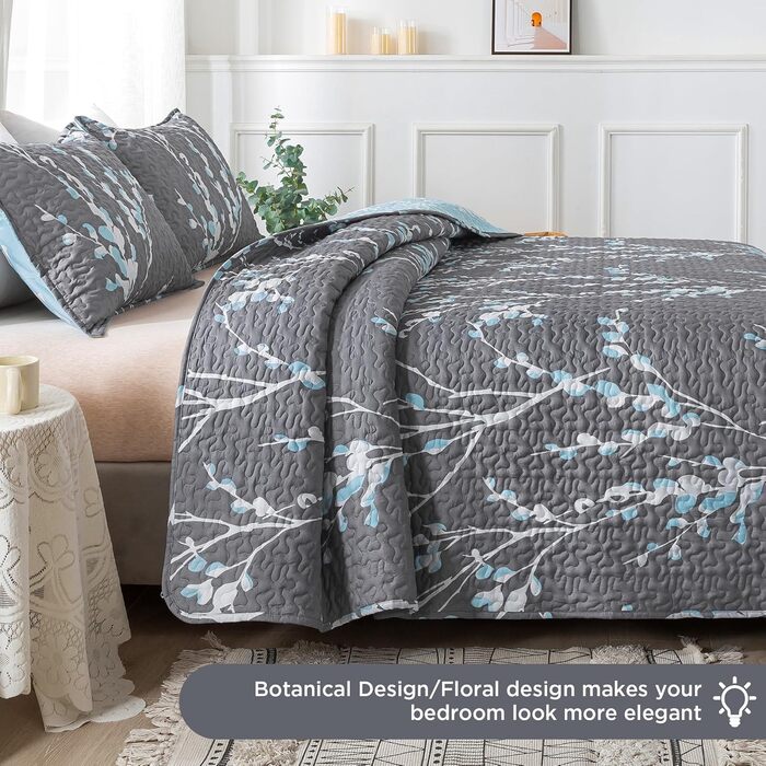 Набір постільної білизни Andency з квітковим малюнком, King Size (277x244 см), 3-частини (блакитно-зелена ковдра з малюнком та 2 наволочки), літній, легкий, двосторонній, мікрофібра, блакитно-зелений колір