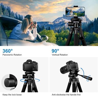 Штатив для камери JOILCAN 165см, алюміній, чорний. Підходить для Canon, Nikon, Sony DSLR, смартфонів. Макс. навантаження 5,5 кг, з сумкою