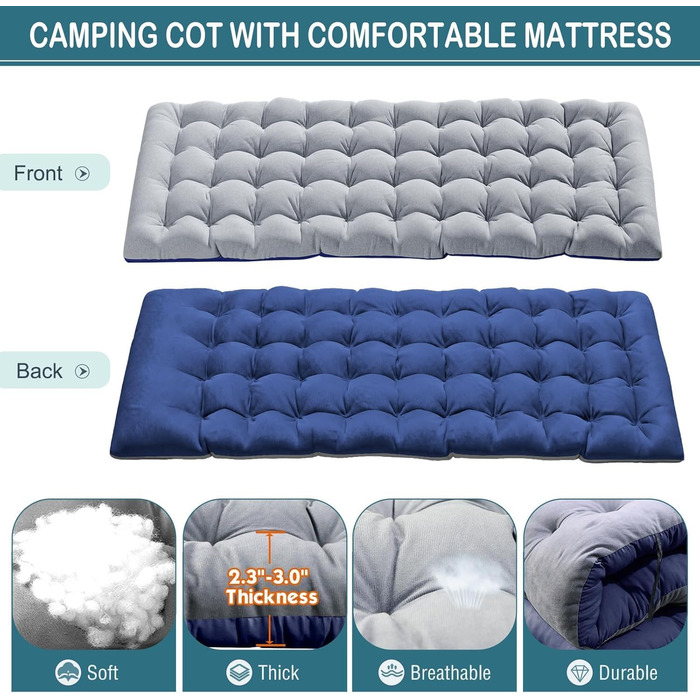 Розкладне ліжко ZIKEBTUY для кемпінгу та відпочинку: міцна конструкція, 200 кг, 190x71x36 см, з матрацом, Oxford 1200D, для відпочинку на природі та вдома (сірий)