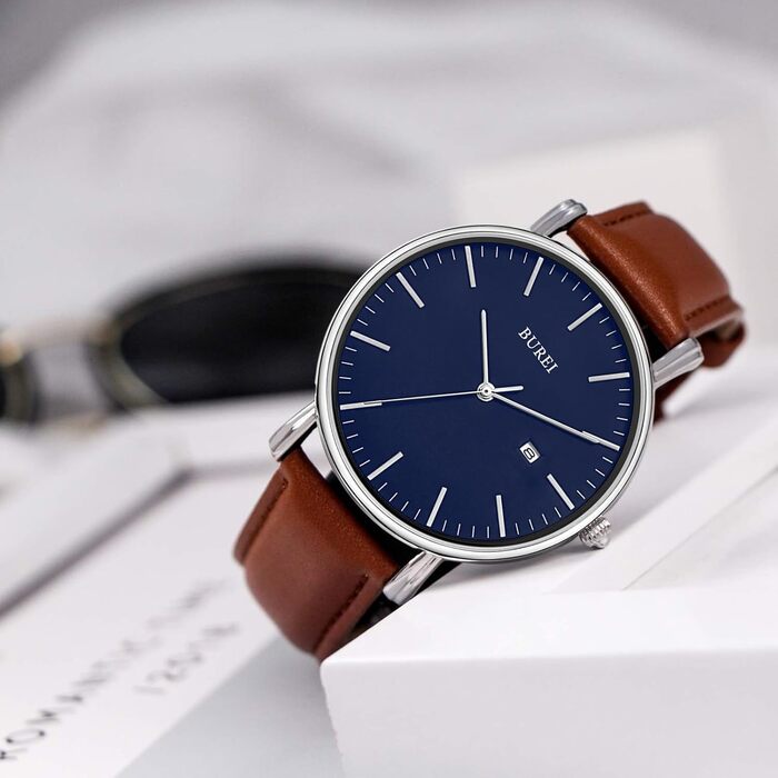 Годинник чоловічий BUREI Ultra тонкий аналоговий з датою, кварцовий механізм Japan, подарунок для чоловіків (срібло, шкіряний ремінець)