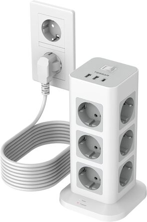 Блок живлення TESSAN з захистом від перенапруги, 3600W, 16A, 12 розеток, 2 USB-A, 1 USB-C, 2м кабель, сірий