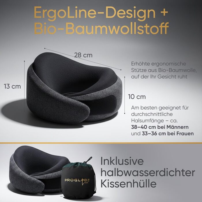 Подушка для подорожей Proglobe Luxe з піни Memory Foam (чорний). Комфортна подушка під шию для літаків з підставкою під підборіддя, компресійним мішком.