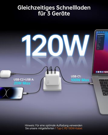 Зарядний пристрій USB-C 120W NOVOO GaN III 3-порти, кабель USB-C PD 100W для MacBook Pro 14
