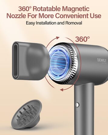 Іонізатор для волосся DEWILY, фен з магнітним дифузором, 110,000 RPM безщітковий мотор, швидке сушіння, подорожний фен, 300 мільйонів негативних іонів, сірий (з 2 насадками) Classic Grey