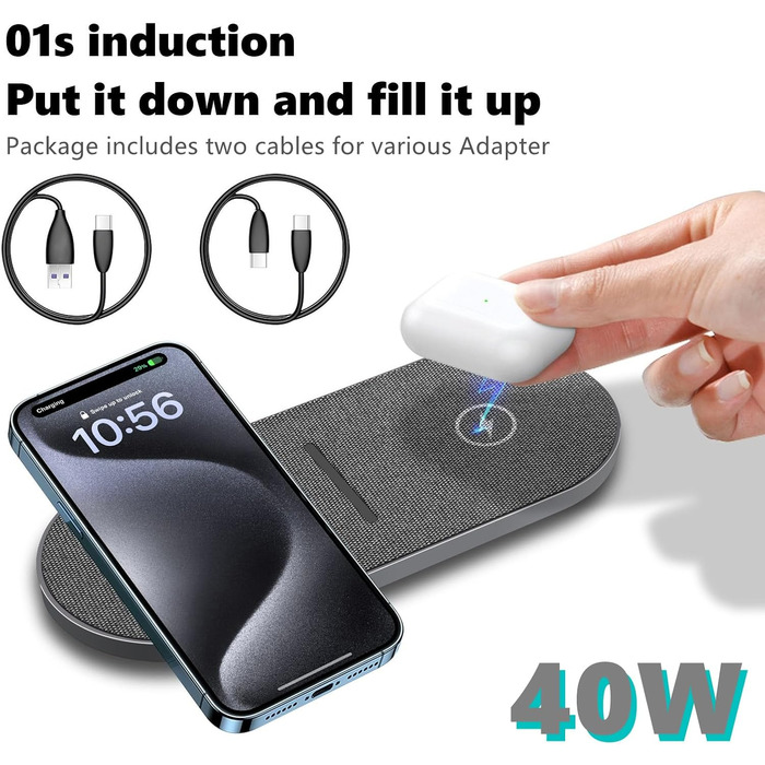 Бездротова зарядка 40W 2 в 1 для iPhone, Samsung, AirPods: швидка зарядка для iPhone 17/16/15/14/13/Pro/Pro Max, AirPods 4/3/Pro, Galaxy S25/Galaxy Buds (сірий)