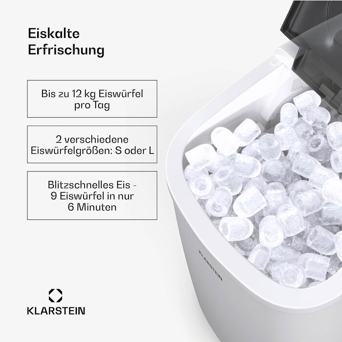 Klarstein Ice Maker - 12kg/24h, 2 sizes, 1.3L water tank, LED displays, transparent lid, portable, ice cube maker for parties/garden events