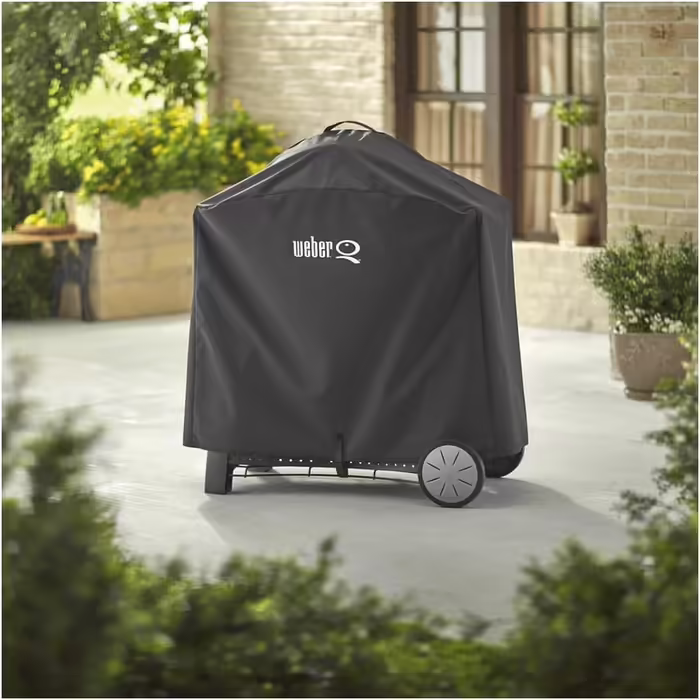 Weber Premium Grill Cover for Q1000/2000 with Stand/with Cart, Breathable, UV & Water Resistant, Protection from Wind & Weather, with Velcro for Securing, Grill Cover - Black (7120)