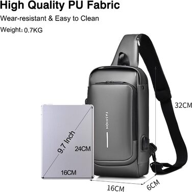 Сумка через плече FANDARE 2026 з USB-зарядкою, захистом паролем та водонепроникним корпусом. Ідеальна для подорожей, прогулянок та бізнесу. Багато кишень, сіра.