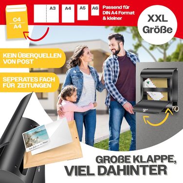 Поштовий ящик настінний KESSER XXL з нержавіючої сталі, з газетницею, замок з 3 ключами, чорний