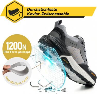 Чоловічі робочі черевики з металевим носком, легкі, дихаючі та міцні, з Clickers та захистом від проколів, неслизька підошва – робочі черевики для професій та будівництва (45 EU, Сірий)