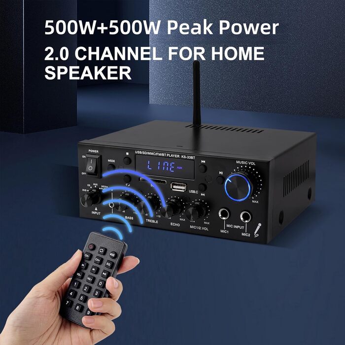 Міні підсилювач 60Вт+60Вт Bluetooth стерео, цифровий Hi-Fi аудіо підсилювач для дому та авто, USB, SD, FM, MIC, LCD дисплей, 12V/230V, 2-канальний (33BT)