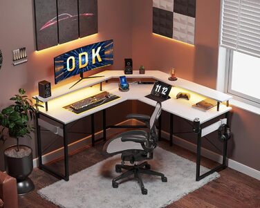 Ігровий стіл ODK з LED-підсвіткою, 2 розетками та 2 USB, кутовий білий комп'ютерний стіл з підставкою для монітора 129x129 см для геймінгу та домашнього офісу