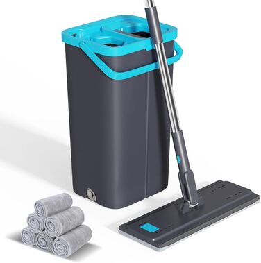 Набір для миття підлоги з відром, 2 в 1: моп з відром та функцією віджиму, з регульованою ручкою з нержавіючої сталі та 6 мікрофібровими насадками, підходить для плитки та ламінату (сірий + зелений)