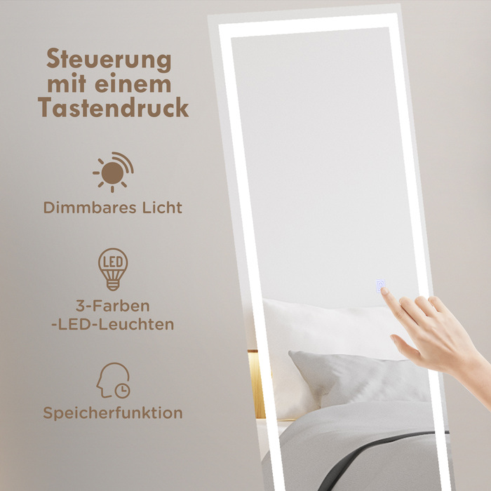 HOMCOM Full-Length Mirror 40x150cm Standing and Wall Mirror with LED Lighting, 3 Light Colors, Touch Switch in White