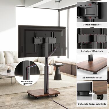 AOKCOS Rolling TV Stand with Wood Shelf - Adjustable Height & Swivel - VESA 400x400 - Holds 32-65 Inch TVs up to 40kg